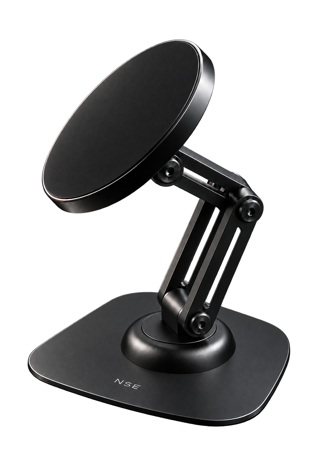 NSE Orbit in black, showing the circular magnetic head, adjustable twin arms and compact base