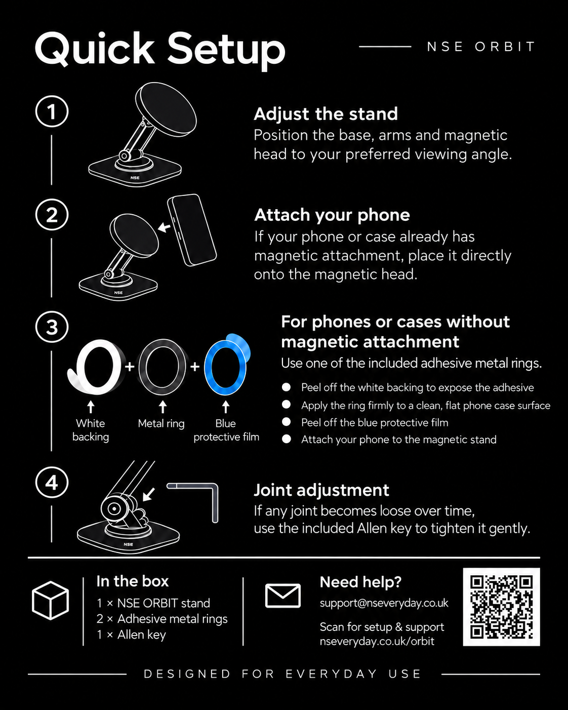 Illustrated NSE Orbit setup guide showing stand adjustment, magnetic attachment, adhesive ring application and joint tightening. All instructions are also provided above.
